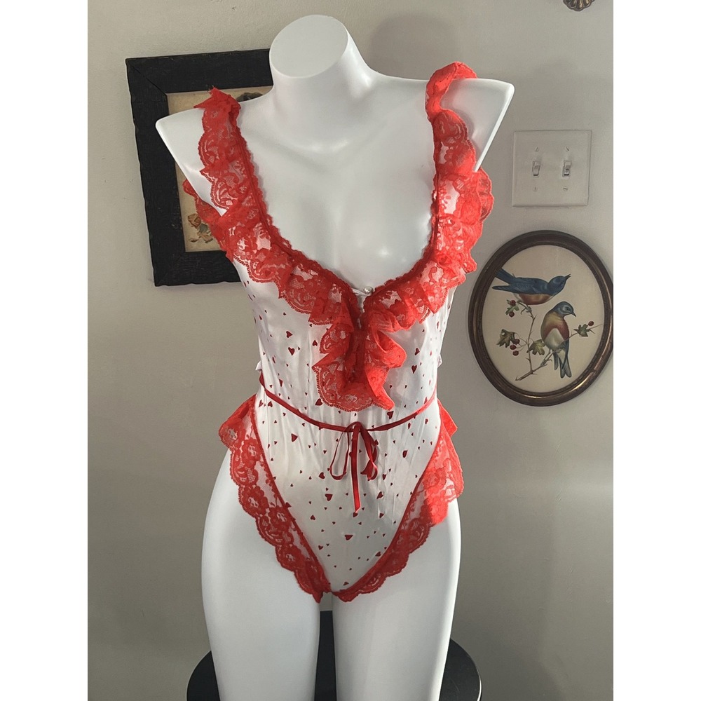 Vintage White & Red Heart Print Ruffle Lingerie Bodysuit Size S